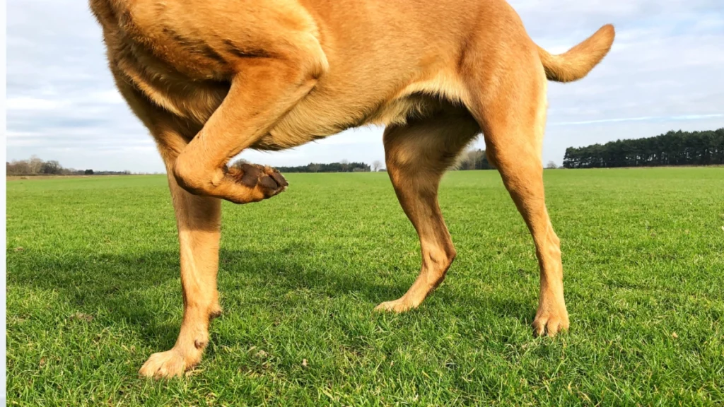 Tan dog scratching its side outdoors, a common sign of skin irritation or allergies
