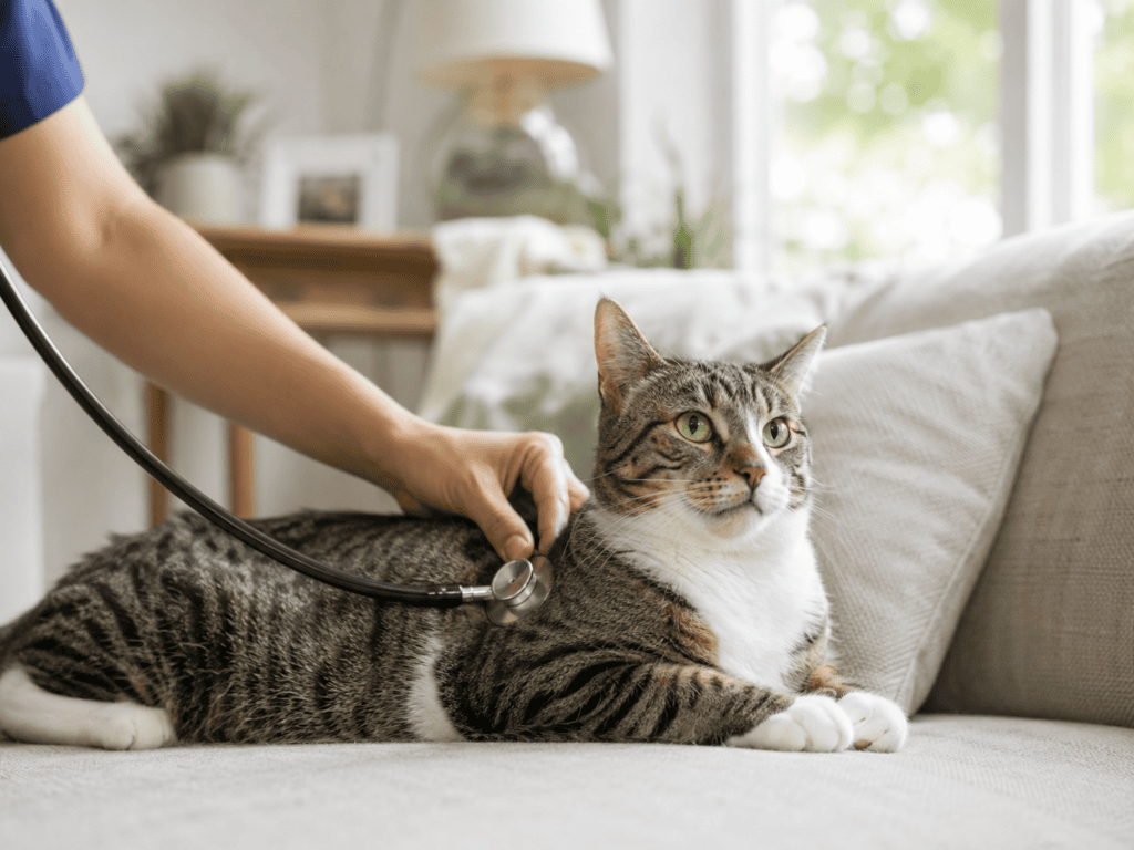 Gray tabby cat resting in a woven basket while being gently petted by its owner at home