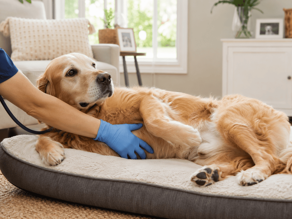Veterinary professional examining a relaxed dog on a treatment table during an in-home visit