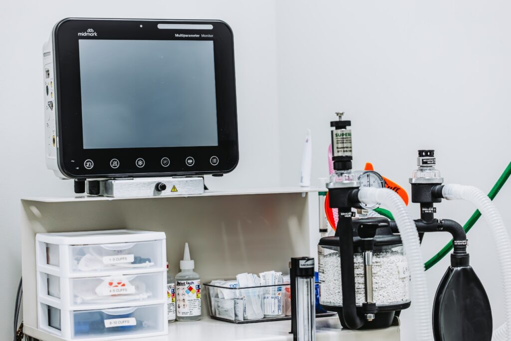 Veterinary patient monitor and anesthesia equipment in a Scottsdale Animal Hospital treatment room