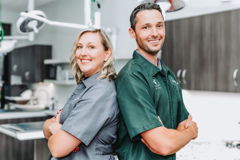 Dr. Kristin and Dr. Mark standing back to back in the Scottsdale Animal Hospital treatment area