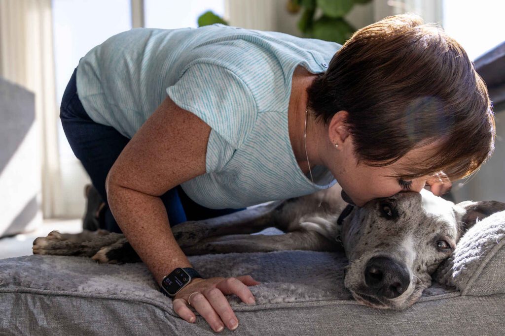 Pet owner comforting a cat at home during a quiet end-of-life care moment with gentle support