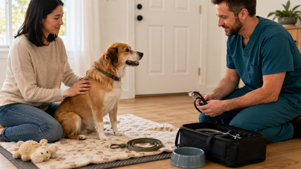 A calm dog, owner, and mobile veterinarian meet in a prepared living room with familiar pet supplies nearby.