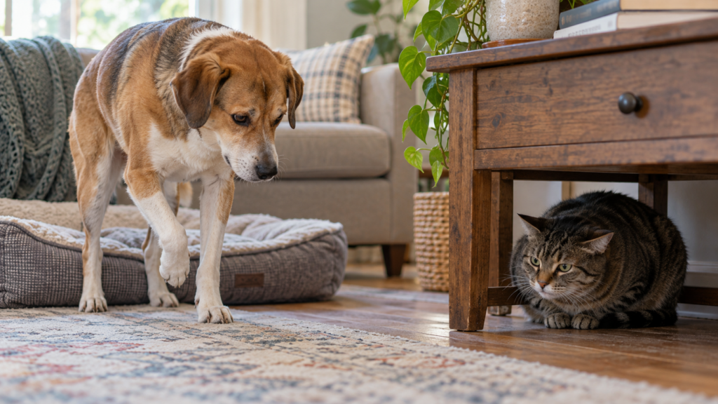 A dog favors one front paw while a cat withdraws beneath a table, showing different subtle signs of discomfort at home.